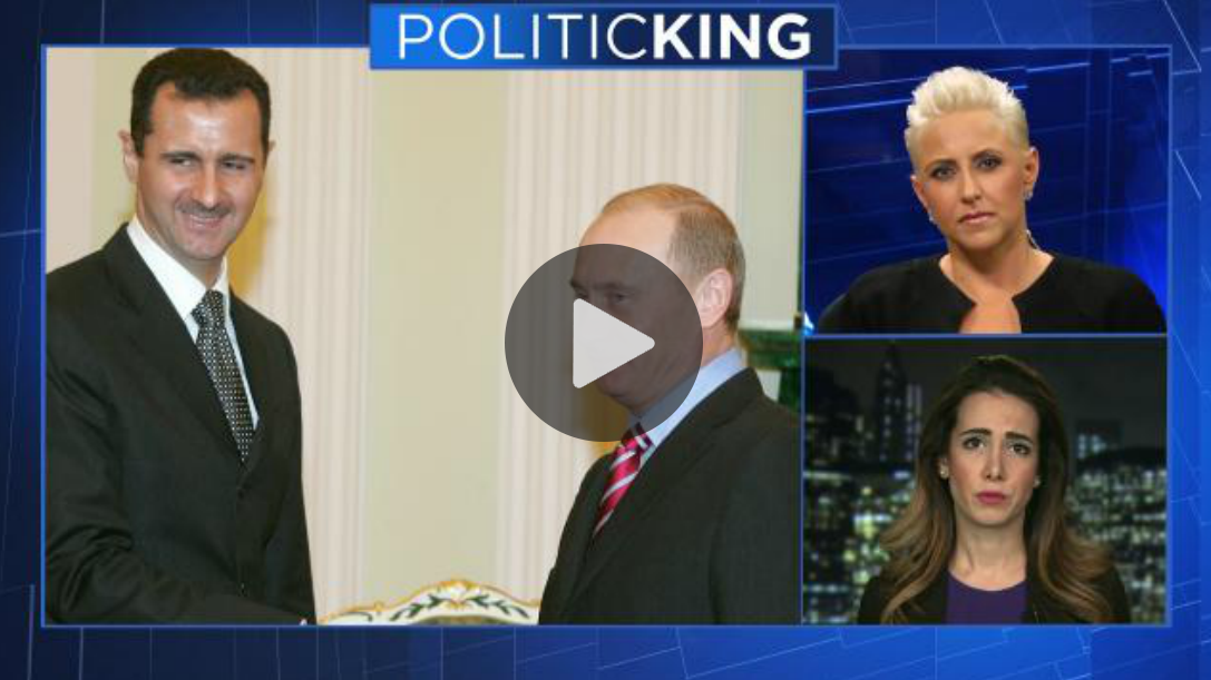 Television commentator Laura Schwartz leads discussion on US airstrike with foreign policy and military experts during episode of "PoiticKING."